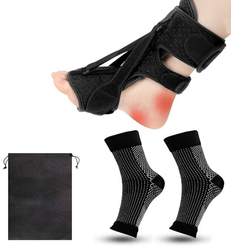 Roinaid Achillessehne Bandage Plantarfasziitis Bandage Kommt mit 1 Fasziitis-Socke und Kordelzugtasche Geeignet für Achillessehnenentzündung Fußheberschwäche Fußgewölbe und Fußprobleme (Schwarz)