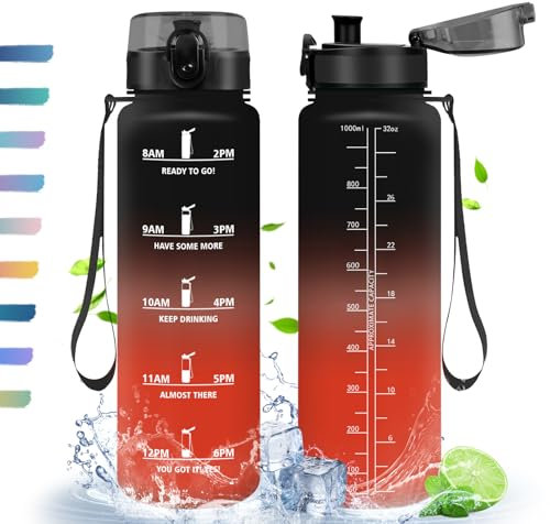 HoneyHolly Trinkflasche, 1L, Trinkflasche Sport, Trinkflasche mit Zeitmarkierung, mit Filter, Auslaufsichere Trinkflasche, BPA-Frei, Wasserflasche für Sport, Fitness, Yoga, Schule, Büro