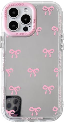 NITITOP Compatible with iPhone 12 Pro Max Case Cute Glossy Mirror Little Bowknot Pattern for Women Girls Ribbon Design Pink Lens Bezel Design Shockproof Silver Protective Phone Cover - Pink