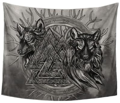 Wikinger Nordischer Wolf Wandteppich - Nordische Mythologie Wandteppich Wolf Valknut Digitaldruck Kunst Wand - Mittelalterliche Große Wandbehang Wandteppiche Für Schlafzimmer Wohnkultur(110X150CM)
