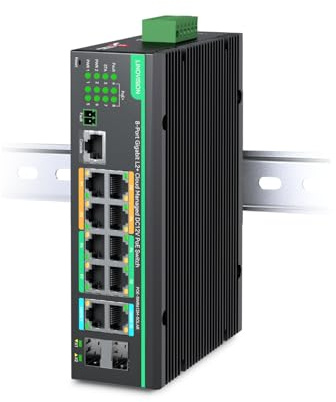 LINOVISION Switch PoE Industriale 12 Porte L2+ Gestito tramite Cloud Ingresso Alimentazione Ridondante DC8~57V,Switch Solare Full Gigabit,12V con Allarme Relè,IEEE802.3af/at,Budget PoE Totale 240W