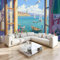 3D Küstenlandschaft Fototapete Wandbild - gestreifte Markise Wanddeko - 150 x 105 cm (B x H) Wandtapete Fotoplakat für Wohnzimmer, Küche, Schlafzimmer - Wandkunst