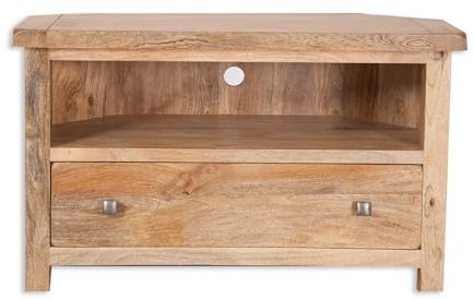 Modern Odisha Solid Mango Wood Corner TV Unit Fully Assembled Living Room Furniture Classic Design Craftsmanship Storage Shelves Elegant and Functional Piece