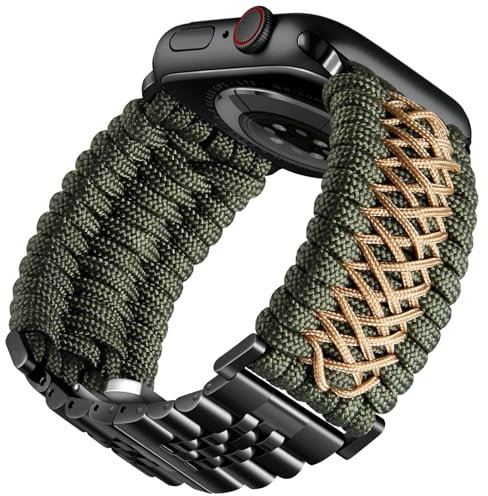 BINLUN Kompatibel mit Apple Watch Armband 49mm Geflochten 550 Paracord Stahl Sport Armbänder Kompatibel mit iWatch Ultra Ultra2 Herren Damen(Armeegrün Khaki-Schwarz)