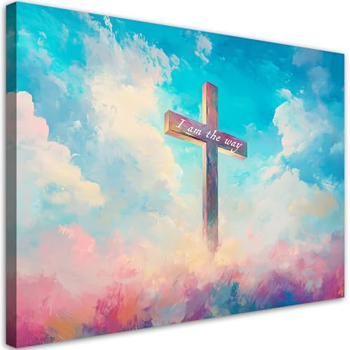 Feeby Bilder - Foto Geschenk - Bunter Himmel Kreuz Religiös - 120x80 1tlg - Leinwandbilder Wohnzimmer - Wandbild über dem Bett - Bild Schlafzimmer - Aesthetic Zimmer Deko - Modern Pictures