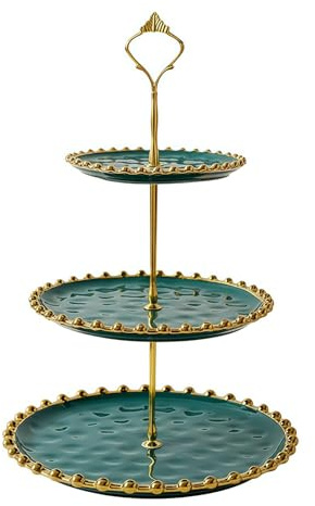 ESSMOKO Soporte tarta cake stand Juego de bandeja de cerámica Phnom Penh para dulces frutas secas y aperitivos ideal para el té de la tarde y postres en casa Color verde esmeralda 3 niveles