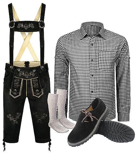 ALL THE GOOD Herren Trachten set Oktoberfest (Hose +Hemd +Schuhe +Socken) Bayerische Lederhose Trachtenhose Leder Hose S3