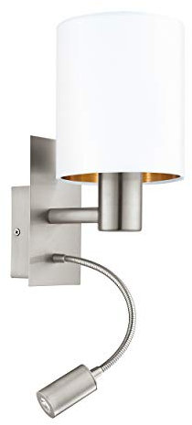 EGLO LED Wandlampe Pasteri, 2 flammige Textil Wandleuchte, Material: Stahl, Stoff, Farbe: Nickel matt, weiß, kupfer, Fassung: E27, inkl. Schalter und flexiblen LED-Leselicht