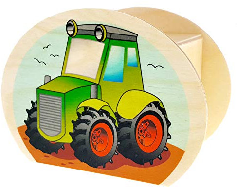 Hess Holzspielzeug 15227 - Spardose aus Holz mit Schlüssel, Serie Traktor, handgefertigt, Geschenk für Kinder zum Geburtstag, ca. 11,5 x 8,5 x 6,5 cm groß
