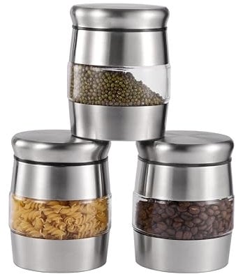 Royal Cuisine 3 Piece Stainless Steel Silver Glass Tea Coffee Sugar Storage Jars Set - Multipurpose Food Storage Canisters Set