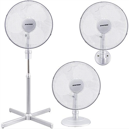 Syntrox Germany 3 in 1 Ventilator Standventilator Wandventilator Tischventilator 44 Watt Silber mit Oszillation