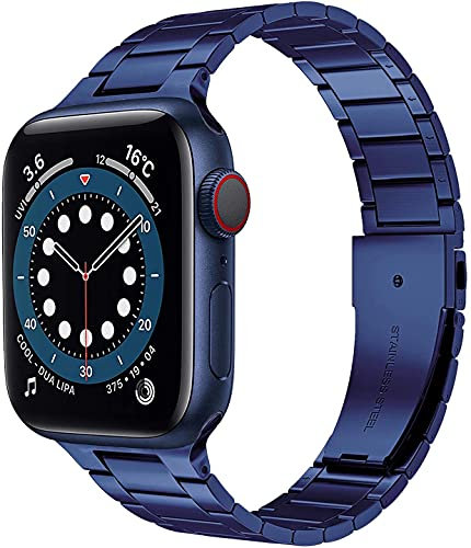 Miimall Metal Strap for Apple Watch Series 10/9/8/7/SE/6/5/4/3/2/1, Ultra-thin Stainless Steel Adjustable Band iWatch Strap Bracelet (Blue)