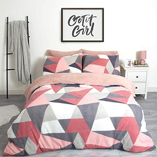 Dreamscene Shapes Thermal Teddy Fleece Duvet Cover with Pillowcase Soft Warm Fluffy Bedding Set Bedspread Duvet Cover, Blush Pink / White - 2 pcs - Single