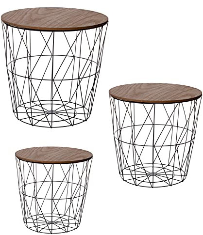 Brandsseller 3er Tischset Beistelltisch Couchtisch Ø 29 cm Ø 34 cm Ø 39,5 cm Gestell Schwarz - Holz Dunkel