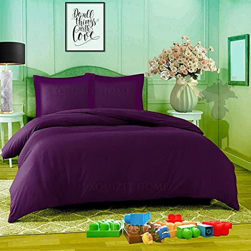 EXQUIZIT HOME® Duvet Quilt Cover Bedding Set with Matching Pillowcases Easy Care Plain Dyed Poly Cotton Soft Wrinkle Resistant Hotel Quality Machine Washable Bedding (Plum, King)