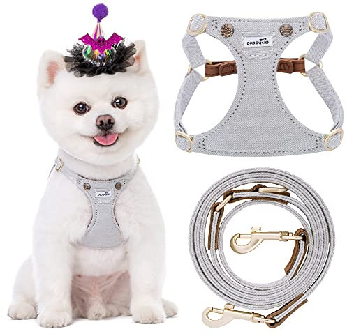 Puppytie Hundegeschirr mit multifunktionaler Hundeleine, weich, verstellbar, kein Würgen, ausbruchsicher, Denim-Grau, XS