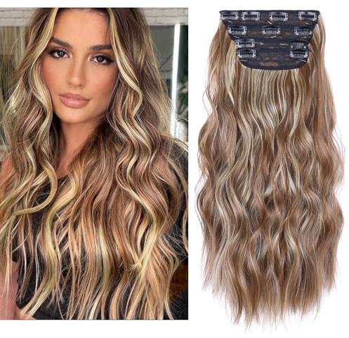 20 Inches Hair Extensions Clip in, Natural Synthetic Curly Clip in Hair Extension for Women and Girls (Red Brown with Beige Blonde Highlights, 4Pcs)