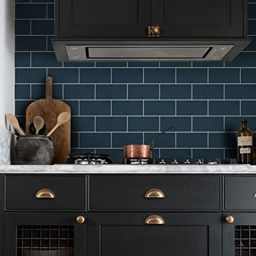 Tile Stickers Navy Blue Rectangle Stick on Tiles PVC Self Adhesive Wall Tiles Durable Peel and Stick Floor Tiles Stick on Wall Tiles Water Proof Tile Stickers for Bathroom Kitchen 30x15cm/12 pcs