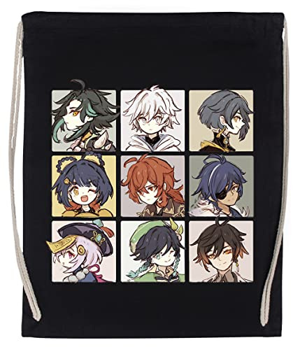Wigoro Genshin Impact Charaktere Chibi Assemble Fitnessstudio Reisen Tasche Kordelzug Schwarz Gym Travel Bag