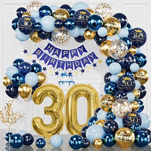 30 Geburtstag Deko Marineblau Gold für Männer Frauen, Happy Birthday Banner, Konfetti Luftballons für 30 Jahr Geburtstagdeko