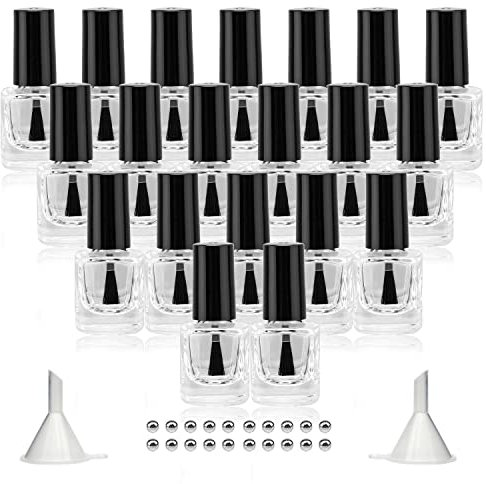 Agidea 20PCS Empty Nail Polish Bottles with Funnel, Empty Fingernail Polish Bottles Glass Rectangle with Brush & Mixing Balls Black 5ML