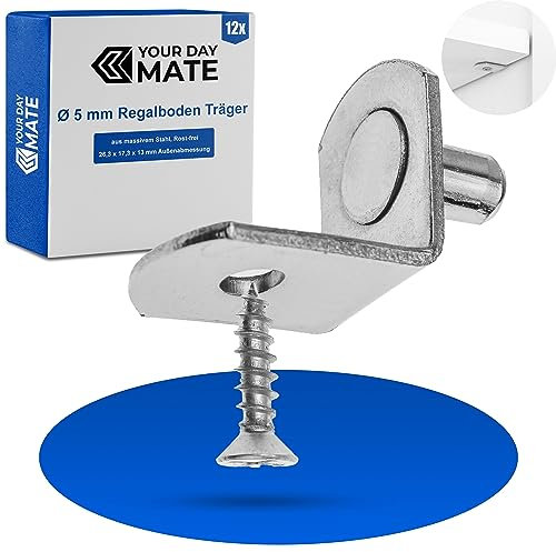 Regalboden L-Form Träger D5, 12 Stück, Bodenträger für Ø 5 mm Bohrlöcher, mit 19 x 15 x 13 mm L-Winkel, aus massivem Stahl, Rost-frei, Einlegeboden Halter, Regalbodenträger Möbel, Regalstützen Schrank