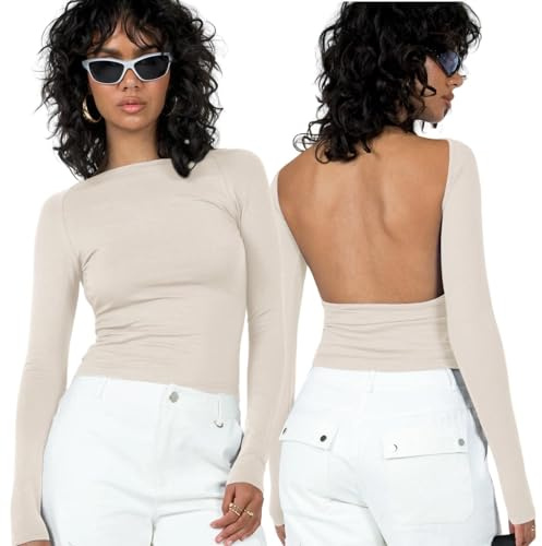 Arkim Women's Long Sleeve Tops Backless Top Y2K Top Sexy Street Fashion New Long Sleeve Tops Women Tight Shirt(Almond-Long Sleeve,XS)