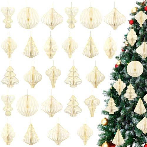 Rossesay 27 Stück wiederverwendbare Vintage-Weihnachtsdekorationen Papier Weihnachtsschmuck Weihnachtsfeier Dekorationen Kantenpapier Wabenlaterne mit Umhängeband für Partybaum Innen (Gold)