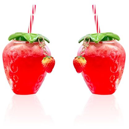 soulnioi 2pcs Strawberry Shaped Drinking Cup with Lid and Straw Cute Tumbler Mug Plastic Water Bottle Resuable Bottle, for Summer/Pool