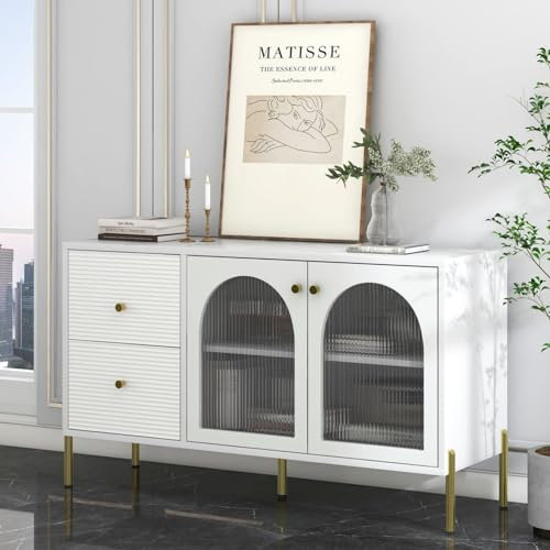 Sweiko Buffet - Commode blanche et dorée avec 2 portes en verre et 2 tiroirs - Buffet avec étagère réglable - Armoire de rangement pour salon et salle à manger