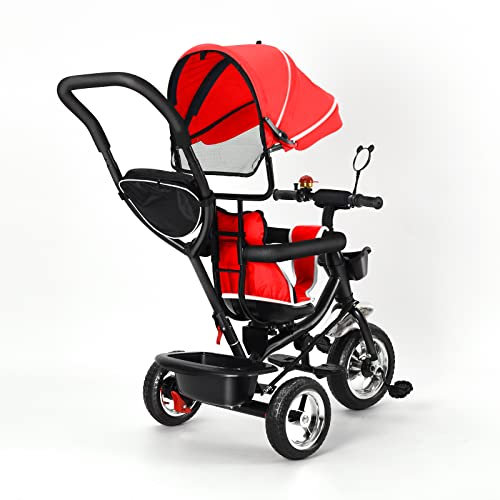 Baby-Dreirad für Babys, Dreirad für Kinderwagen, 5 in 1 für Kinder mit verstellbarem Schiebegriff, abnehmbares Sonnendach, Sicherheitsgurt (groß, rot)