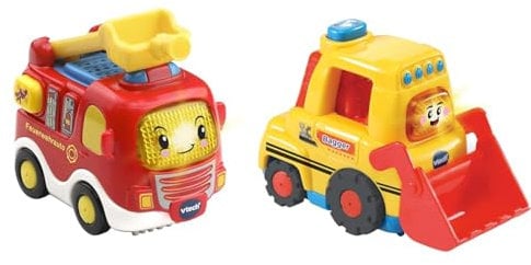 Vtech TUT TUT Baby Flitzer - Feuerwehrauto – Spielzeugauto mit Musik & TUT TUT Baby Flitzer - Bagger – Spielzeugauto mit Musik, aufleuchtender Taste