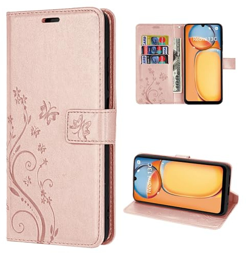 betterfon Hülle Kompatibel mit Xiaomi Redmi 13C / C65 | Premium PU Leder Handyhülle Wallet Case für Redmi 13C / C65 | Schutzhülle Blumen Klapphülle Handyhülle | Rosegold