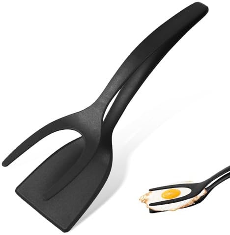 Espátula para Huevos 2 en 1, Antiadherente Nylon Turners de Huevos Fritos Pinzas de Espátula 2 en 1 para Cocinar Abrazadera de Parrilla Herramienta de Cocina para Tostadas Pastel (Negro)