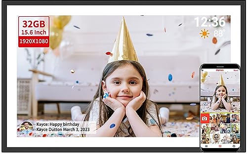 Frameo Cadre photo numérique 15,6 32 Go WiFi grand cadre numérique avec écran tactile Full HD 1920 x 1080, support mural, rotation automatique, facile à envoyer des photos et des vidéos