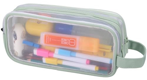 JIANTA Trousse Scolaire Trousse à Crayons Grande Capacité, 2 Compartiments, Transparent Scolaires Papeterie Trousse pour Adolescents Étudiants Adultes Bureau - Vert
