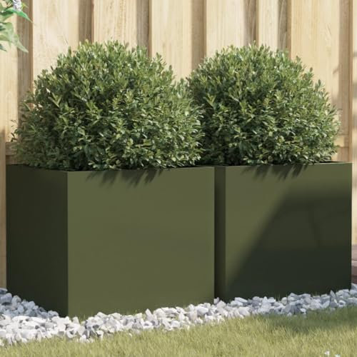 Rantry Lot de 2 jardinières vertes olives 49 x 47 x 46 cm en acier laminé à froid pour jardin