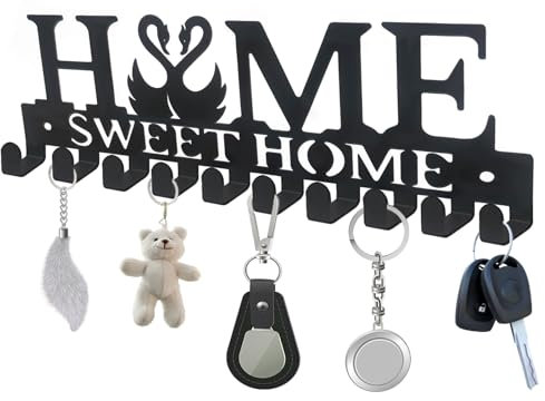 Aruatu Key Holder for Wall, Key Hooks Wall Mounted with 10 Hooks, Metal Key Hanger with Graphic Design Drilling,Key Hangers Wall Mounted Heavy Duty for Hallway Entryway Mudroom Office(10.2Inch Swan)