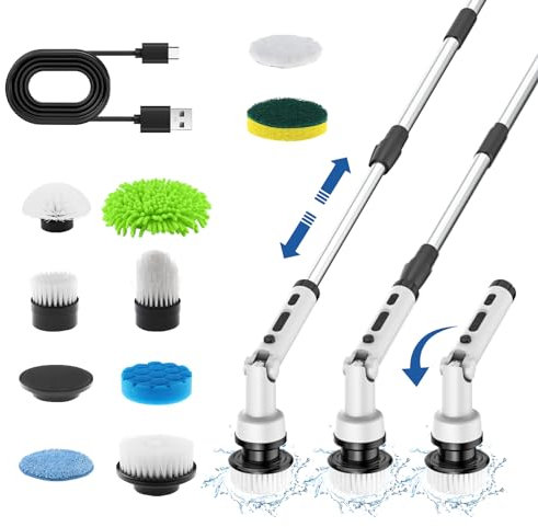 Cuteefun Elektrische ReinigungsbüRste, Electric Spin Scrubber mit LED Anzeige, 9 Köpfe, Verstellbarer Langer Griff mit Verlängerung, 3 Geschwindigkeiten, Putzbürste Elektrisch für Badezimmer, Autos