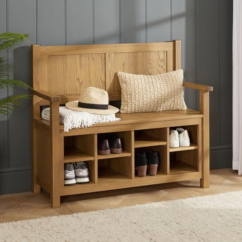 The Furniture Market Cotswold Rustic Smoked Oak Monks Hallway Bench with Shoe Storage - Solid Oak Hallway Storage Bench with Shoe Storage, Adjustable Shelves - H 980 x W 1140 x D 460mm - Seat H 655mm