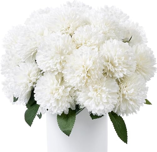 JRYGAC 12 Stück Künstliche Hortensienblüten Künstliche Blumen Chrysantheme Kunstblumen Künstliche Kugel Chrysanthemen Seide Pompon Chrysantheme, für Hochzeits Deco Hausgarten Party (Weiß)