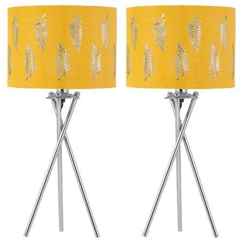 firstchoicelighting Set of 2 Tripod Table Lamps or Bedside Lights, Modern Design, Ochre Yellow Leaf Cut Out Shade, Height 52cm, LED Compatible