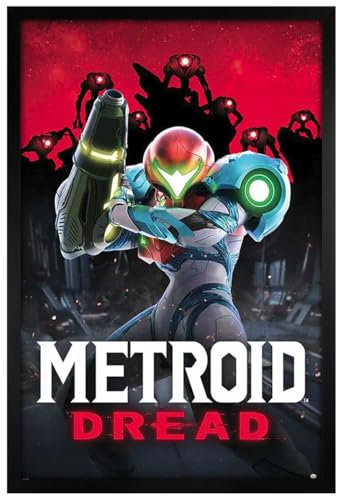Metroid Dread Shadows Maxi-Poster, rot – schwarzer Holzrahmen
