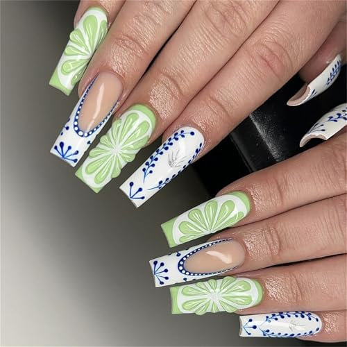Long Square Press-On Fake Nails Soild Green Lemon Nail Art Decoration Stylish French Manciure for Women and Girls 24pcs
