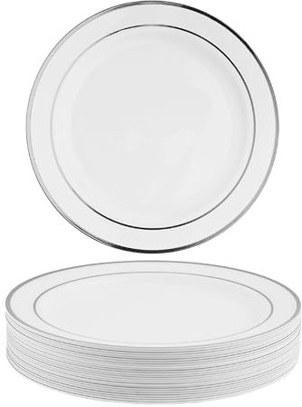 MATANA 100 Premium Weiße Plastik Dessertteller, Kleine Partyteller mit Silbernem Rand, 19cm - Elegant, Stabil & Mehrweg - Hochzeiten, Geburtstage, Taufen, Weihnachten, Grillpartys, Partys