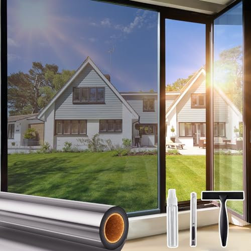 Beautysaid Window Film Privacy One Way Clear, Mirror Heat Reflective Window Security Tint Film Home, Anti Glare UV Sun Blocker Glass Door Covers, Static Cling See Out Not In (90x1000cm, Silver)