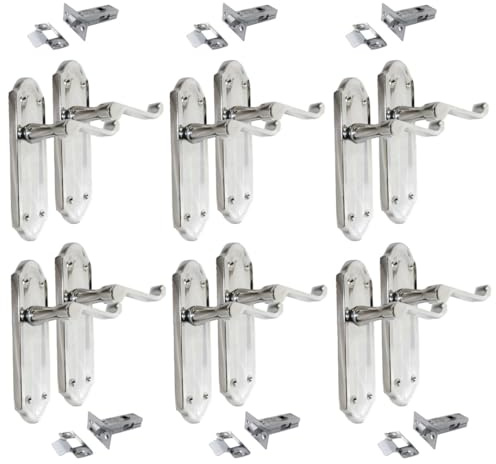 Ashford Chrome Internal Latch Door Handles - Door Handles Internal Sets, Chrome Door Handle Set for Internal Doors, Door Handle in Chrome, 170 x 48mm 4 Pairs (6 Pair of Handles + Tubular Latch)