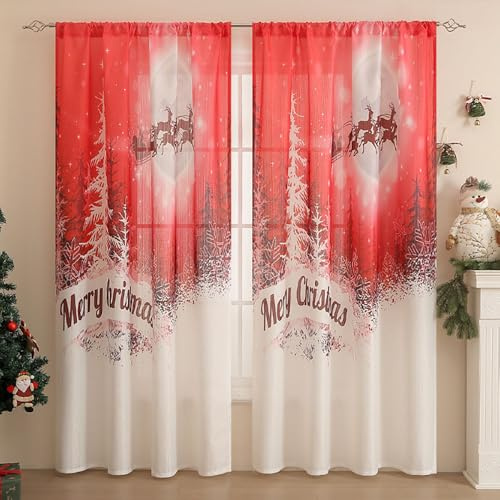 Lukery Weihnachten Transparent Vorhänge Wohnzimmer 2er Set, Weihnachtstag Lang Halbtransparent Gardinen Vorhänge Durchsichtig für Fenster Küche Wohnzimmer Landhaus (140x160cm,Elch)