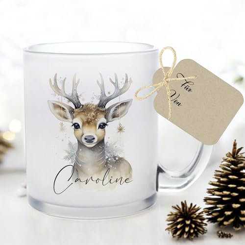 Manufaktur Liebevoll I Tasse Weihnachten Glastasse Glühweintasse mit Namen Weihnachtstasse personalisiert Tasse Nikolaus Weihnachtsgeschenke Kinder Glühwein Frauen Kollegin Mädchen Reh (Caroline)