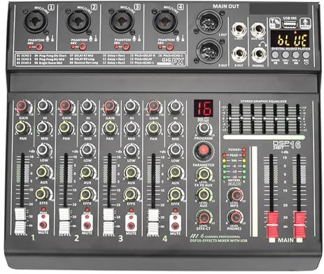 YQVEOT Audio Mixer, DJ Controller Sound Mixer, 4 Channel DJ Mixer Professional 16 DSP Mixing Console Individual 48V Phantom Power USB Play Record Pro Sound Table, Ideal for Home Party and Karaoke